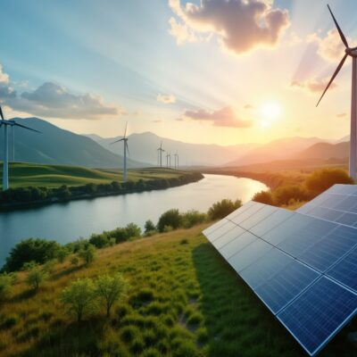 Scenic landscape eco-friendly energy tech. Wind turbines stand tall alongside solar panels near river. Green fields, hills surround area. Sunset paints sky in warm hues. Sustainable energy production