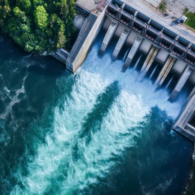 An aerial view of a hydroelectric dam with water rushing through the spillway.
